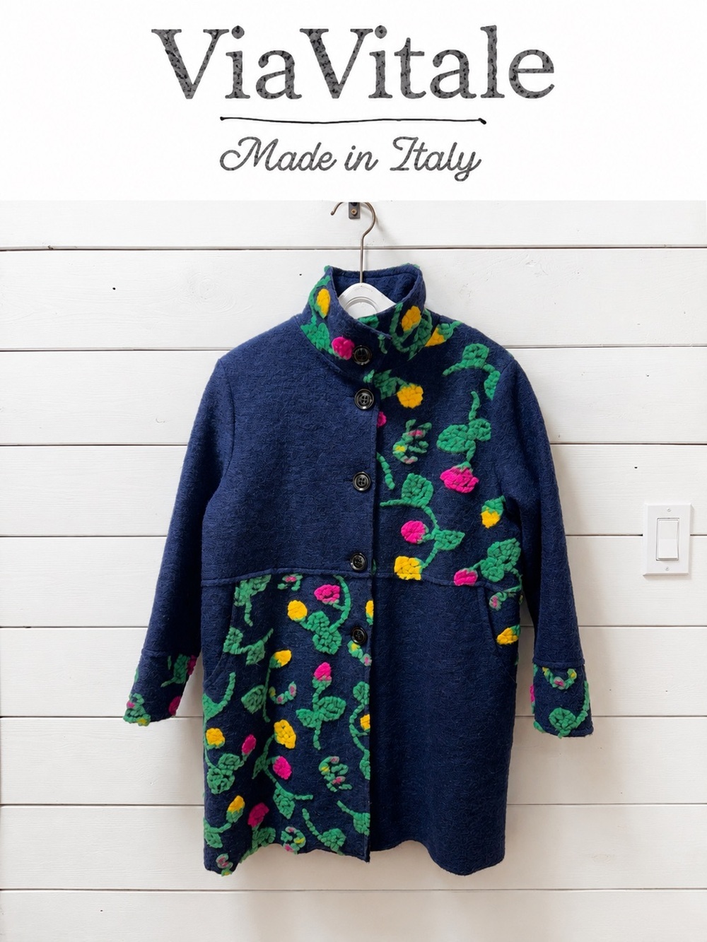 VIAVITALE Blue Floral Wool Blend Coat Made in Italy size L/XL